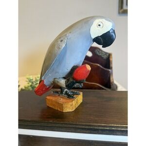 Vintage Hand Carved Wooden Grey Parrot Folk Art Primitive Bird Figurine 6.5"